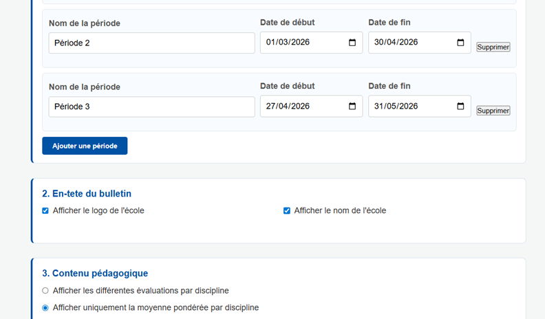 Paramètres de l'application Bulletins.