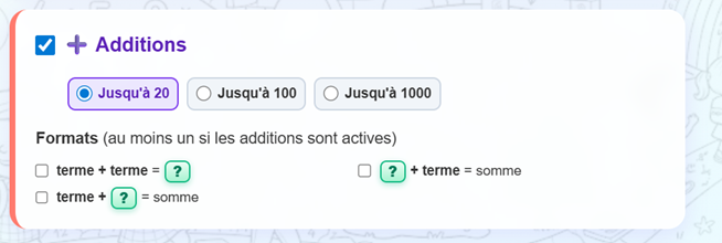 Paramètres des additions.