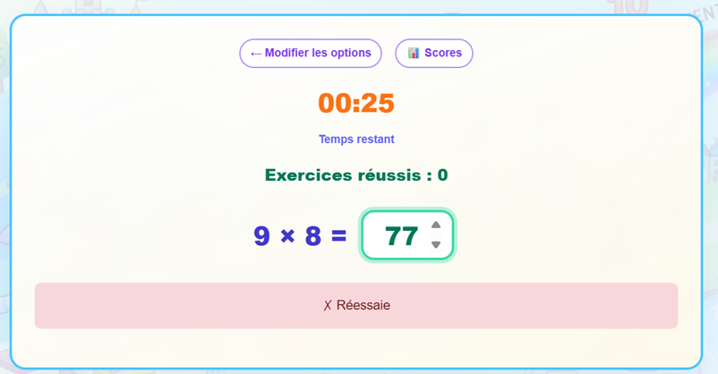 Message d’erreur après une mauvaise réponse.