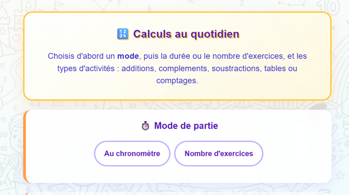 Écran d’accueil de Calculs au quotidien avec le titre et les options de configuration.