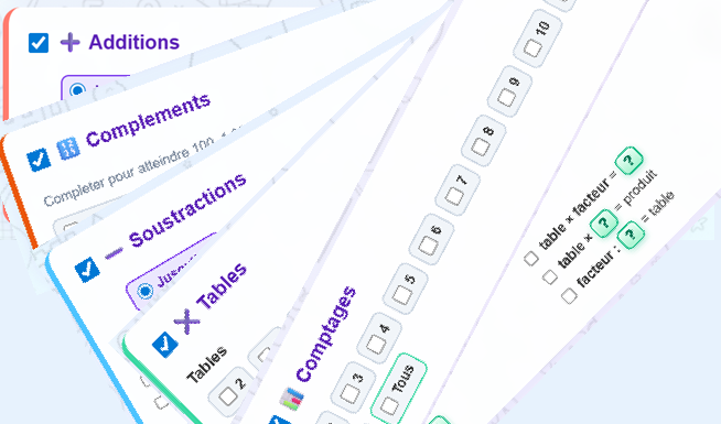 Les cinq sujets avec cases à cocher et le choix du mode de partie.