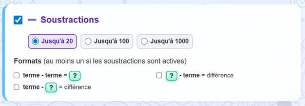 Paramètres des soustractions.