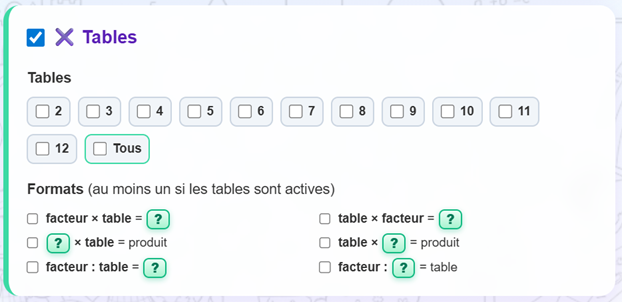 Paramètres des tables de multiplication.