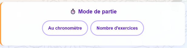 Écran de configuration avec le choix du mode chronomètre ou nombre d’exercices.