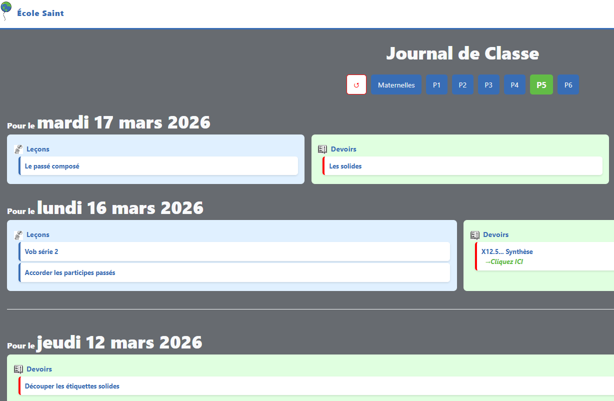 Exemple de vue élèves du Journal de classe.