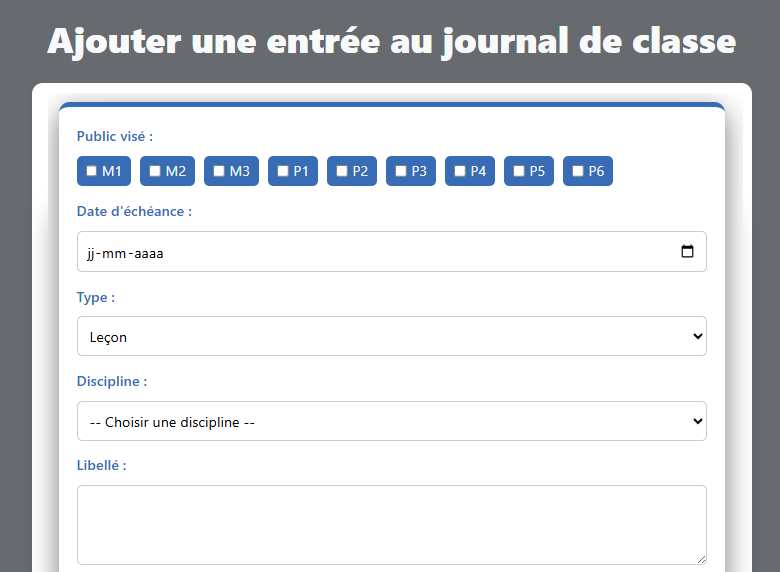 Exemple d interface professeur pour gérer le Journal de classe.