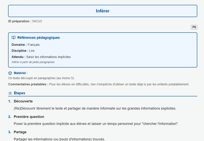 Aperçu d'impression d'une fiche de préparation.
