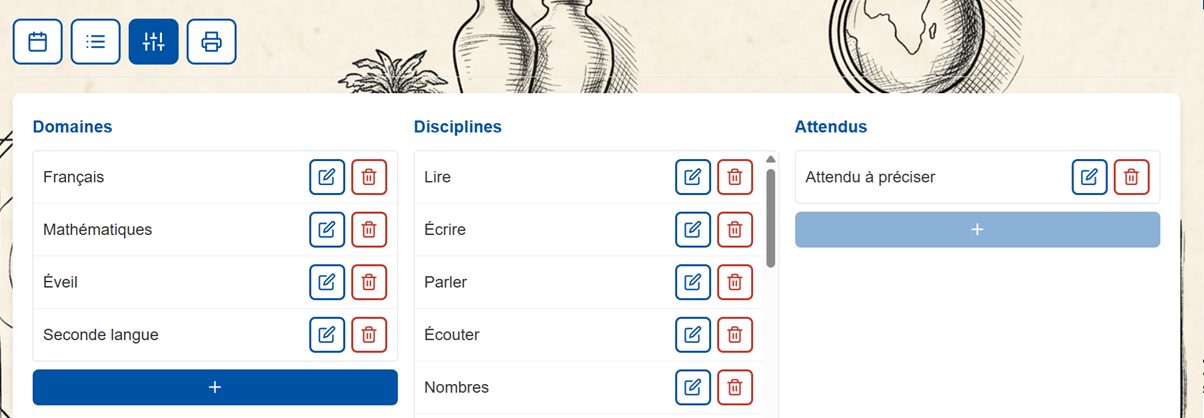 Capture de l'onglet paramètres : référentiel et classes.