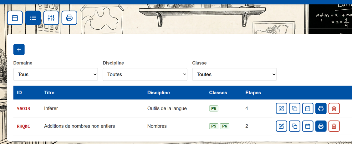 Capture de la liste des préparations de cours.